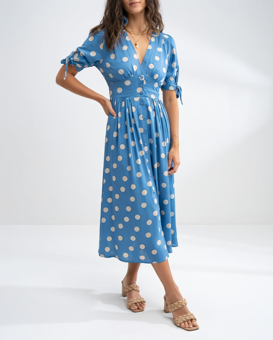 Fabienne | Polka Dot V Neck Midi Dress