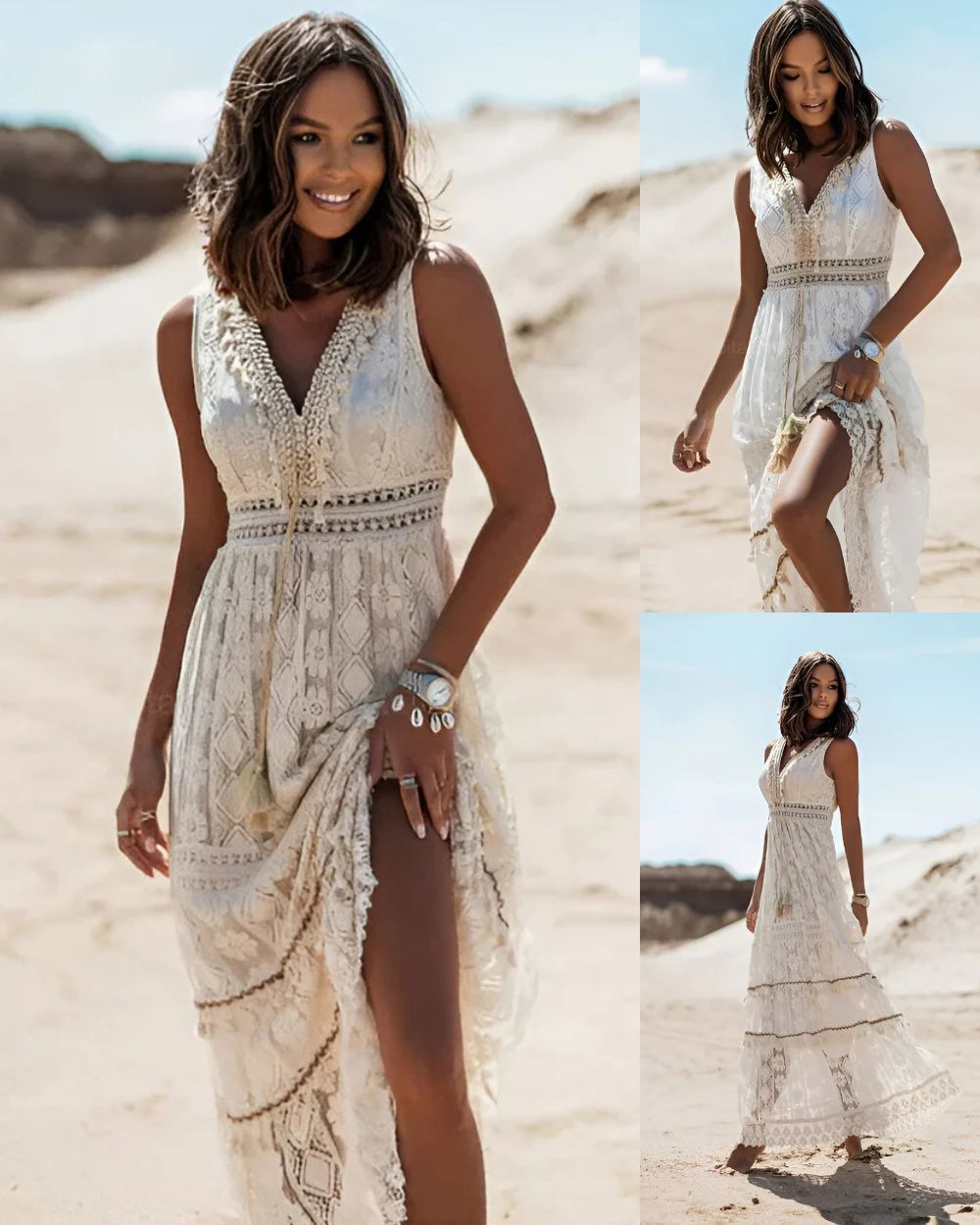 Jooli | White Lace Trim Sleeveless Maxi Dress