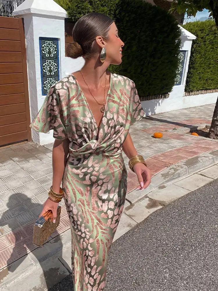 Ieva | Sage Abstract Print Wrap Jumpsuit