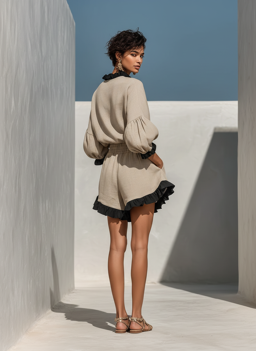 Simi | Beige Linen-Look Ruffle Blouse Shorts Set