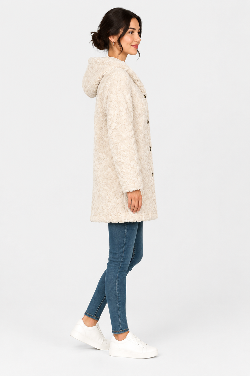 Katherine | Coat Hooded Long Sleeve Button Front Textured
