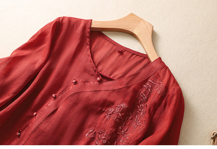 Loreen - Asymmetrical Button 3/4 Sleeve Tunic Blouse