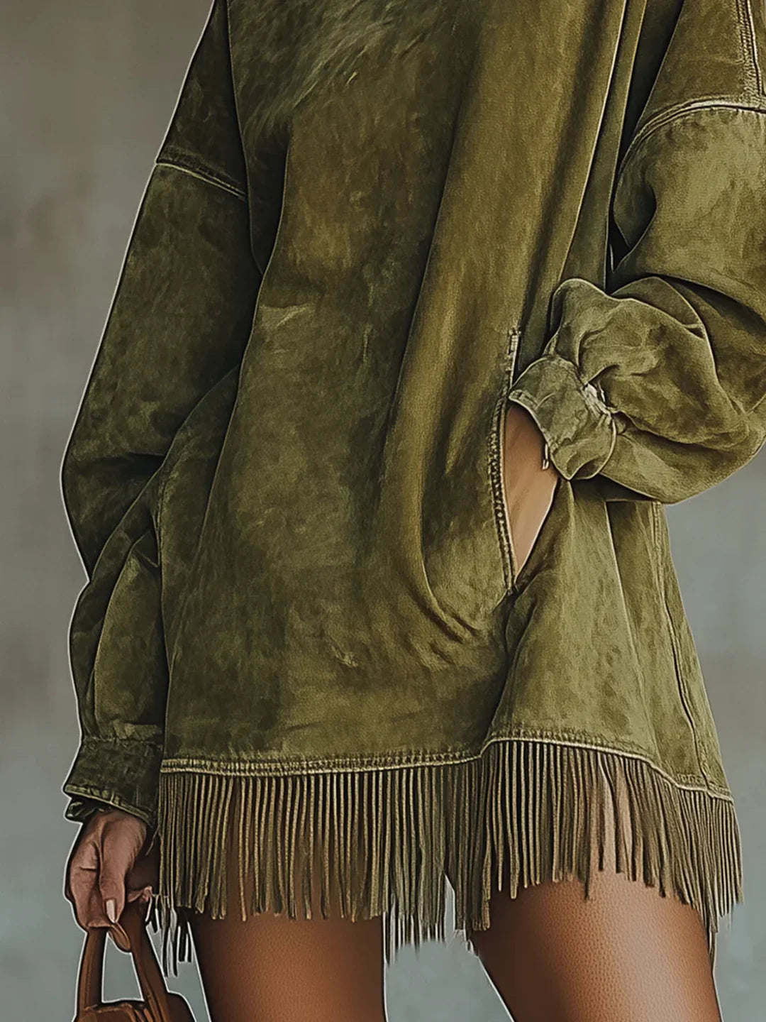 Syanna | Oversized Fringe Hem High Neck Sweatshirt