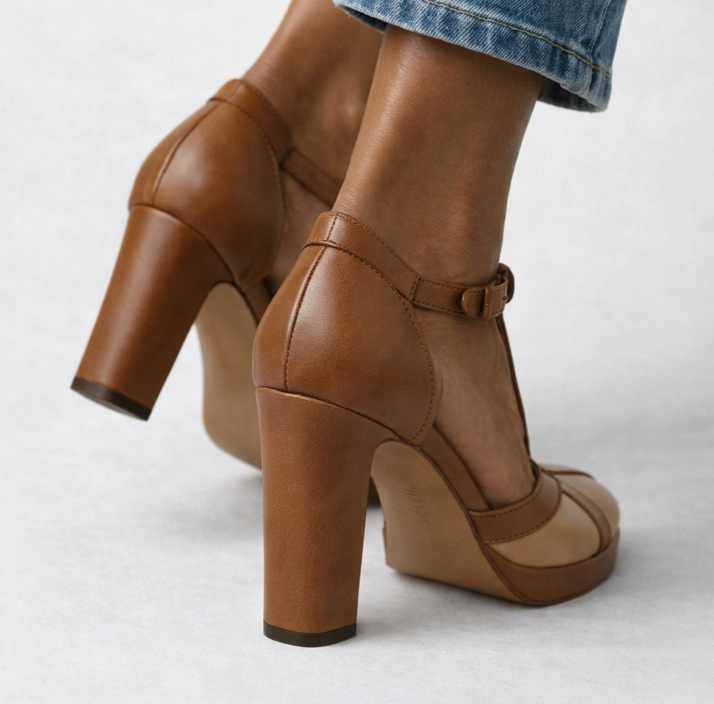 Delfinna | Platform Block Heel T Strap Pumps