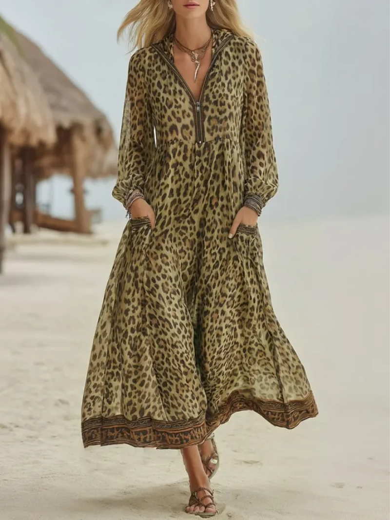 Yethrika | Leopard Print Zip Front Maxi Dress