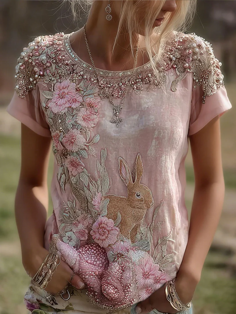 Julija | Rabbit Print Round Neck Short Sleeve Blouse