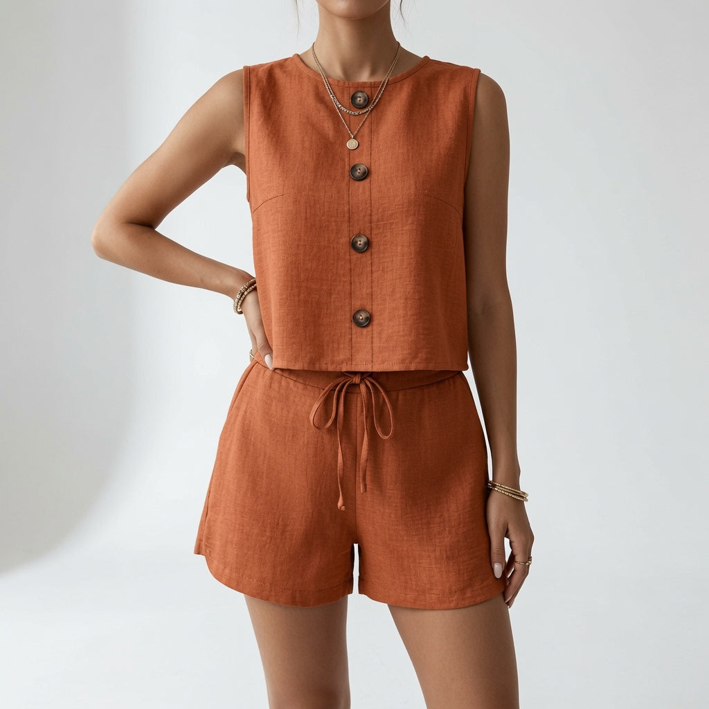 Ezahra | Sleeveless Button Front Shorts Set
