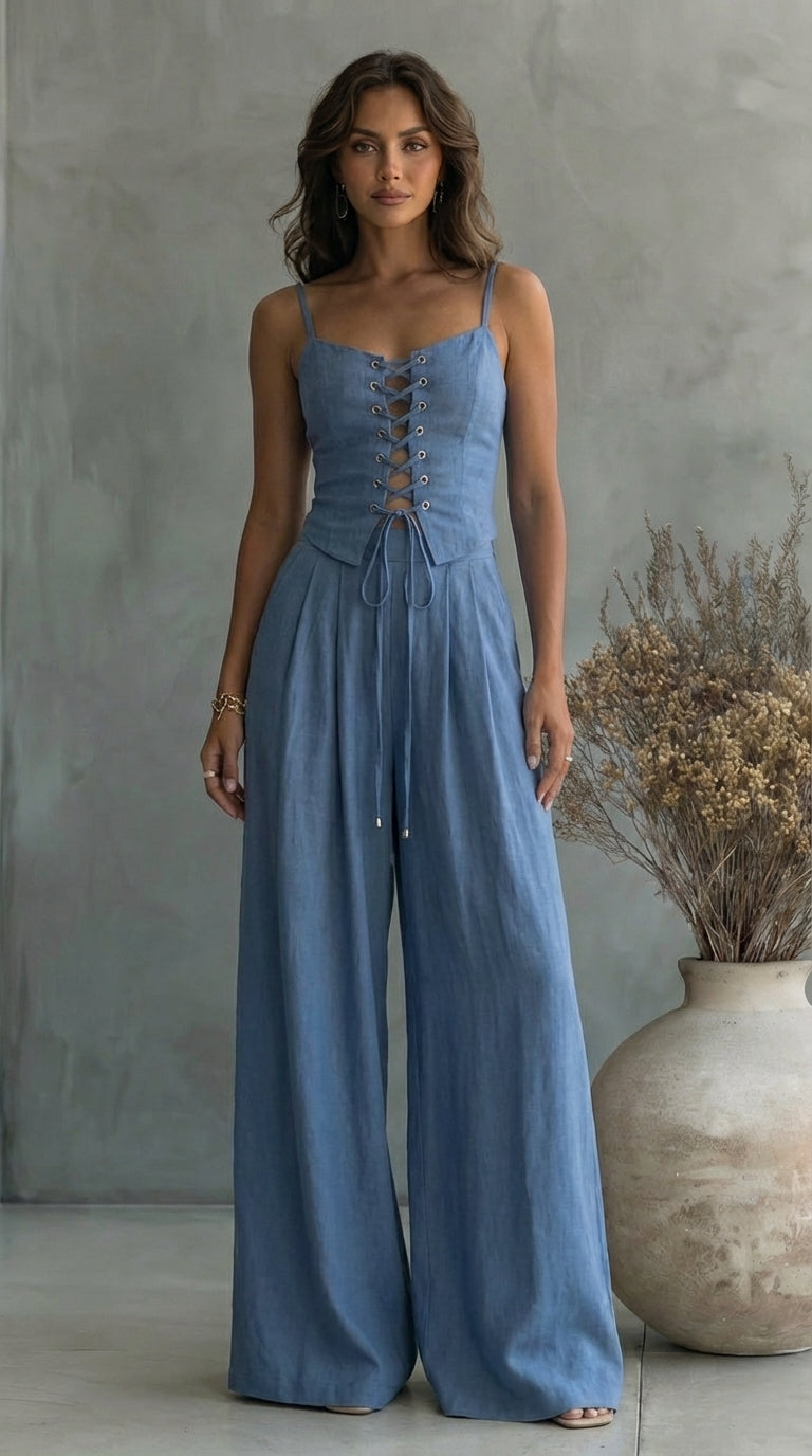 Piera | Two Piece Lace Up Wide Leg Set