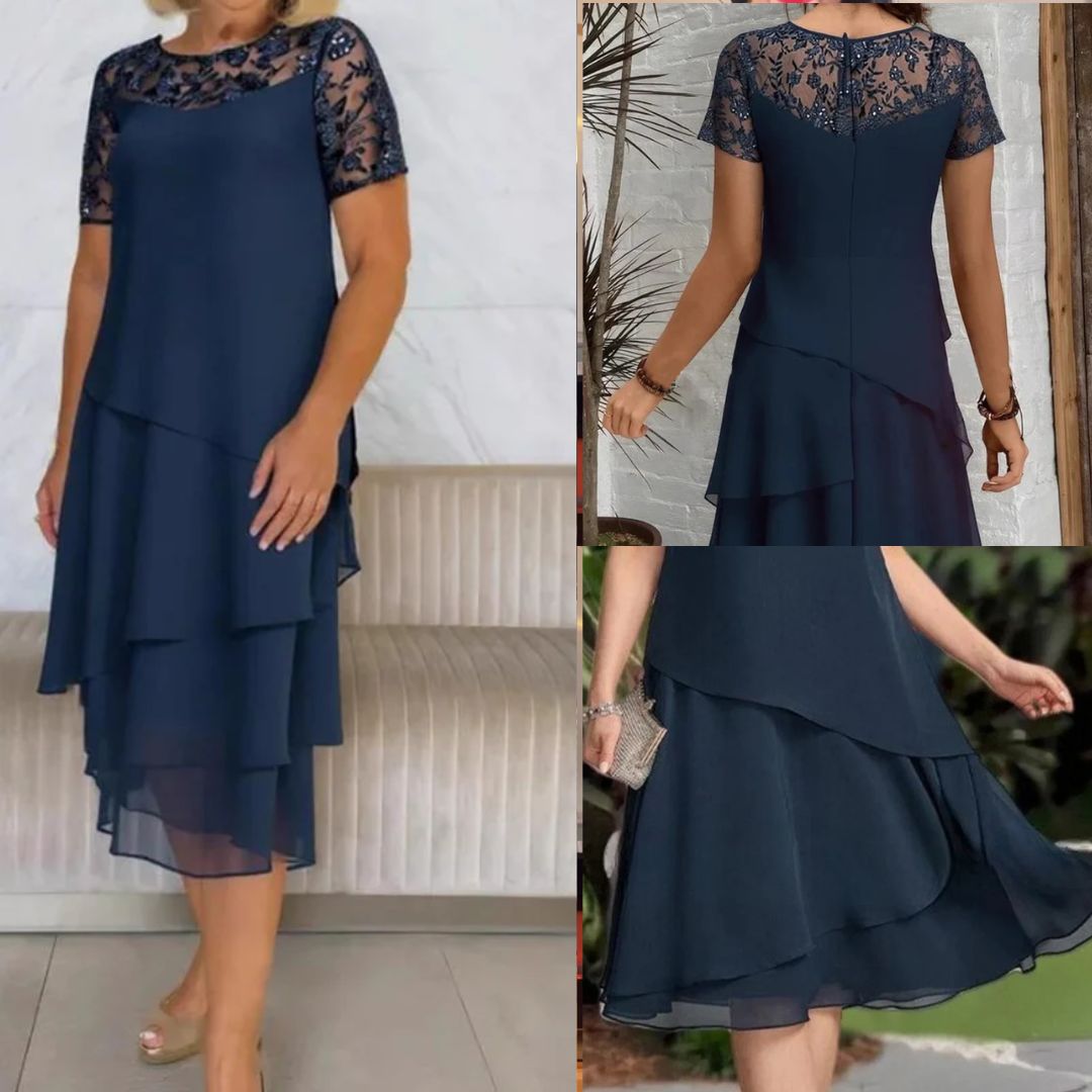 Relasha - Navy Lace Overlay Midi Dress