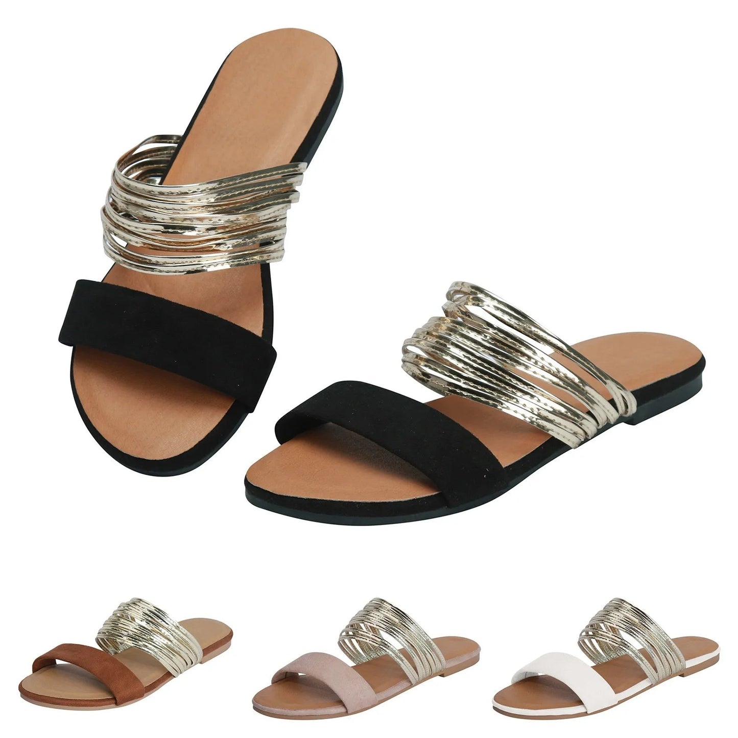 Mukaina | Flat Double Strap Metallic Sandals