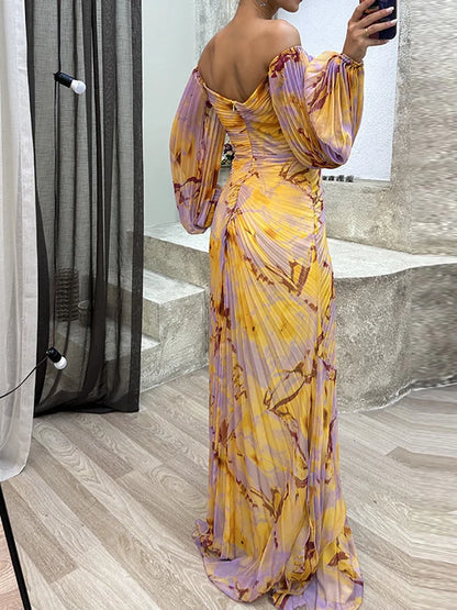 Hileni | Off Shoulder Printed Pleated Maxi Dress