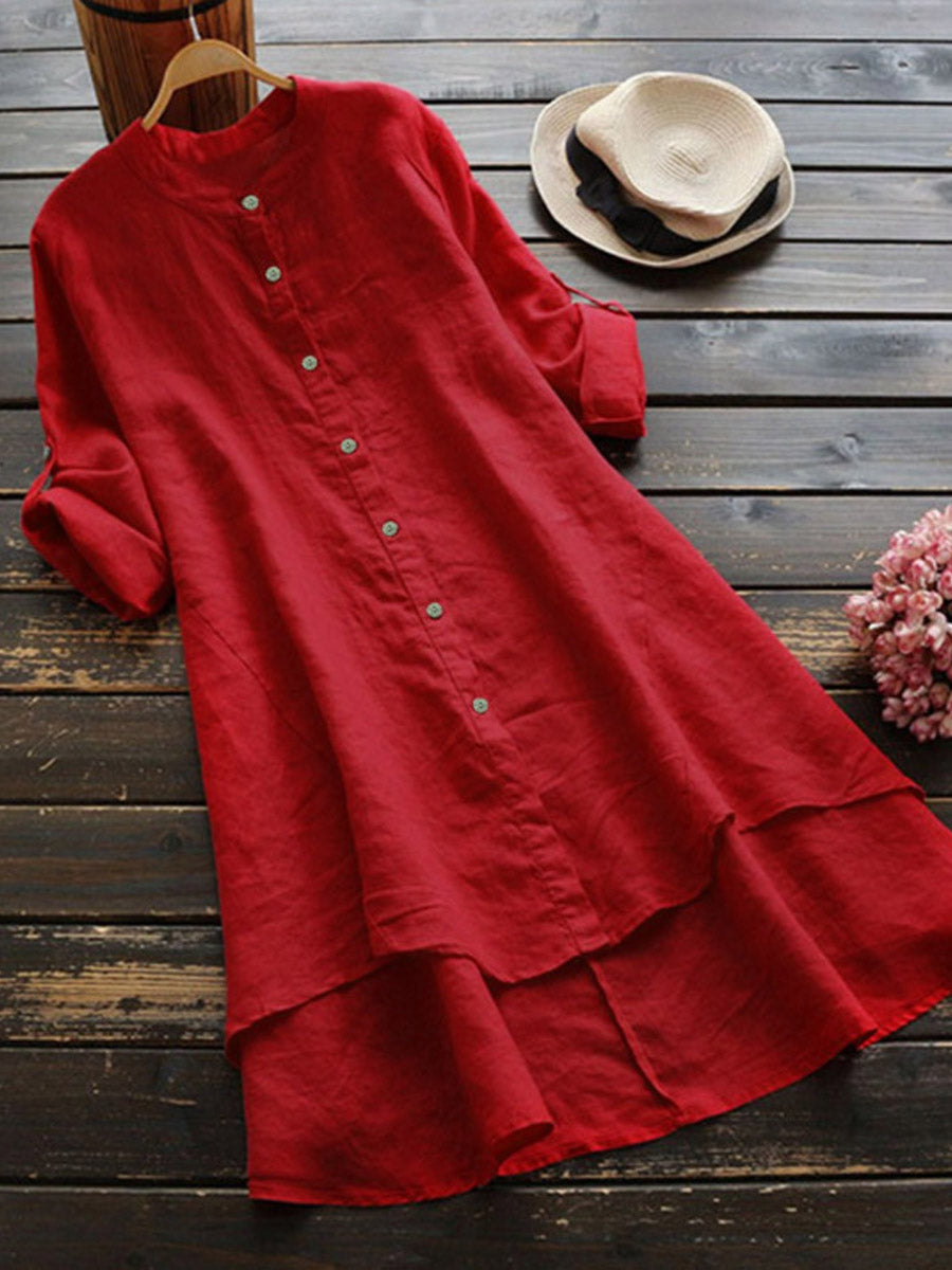 Haleena - Button Front Rolled Sleeve Midi Dress