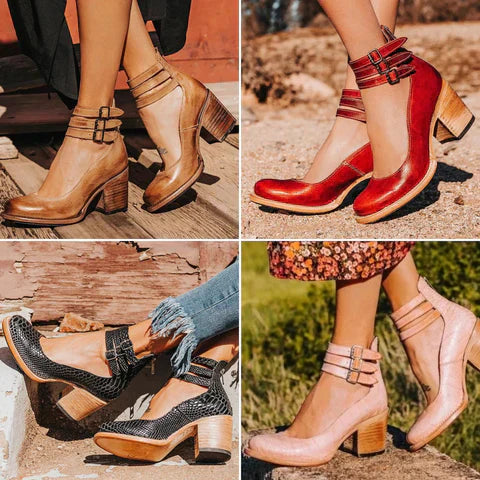 Steffie – Wooden Block Heel Ankle Strap Pumps