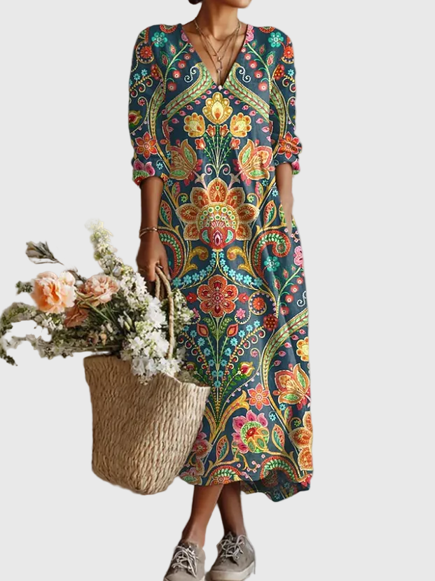 Lashini | Floral V Neck Midi Dress