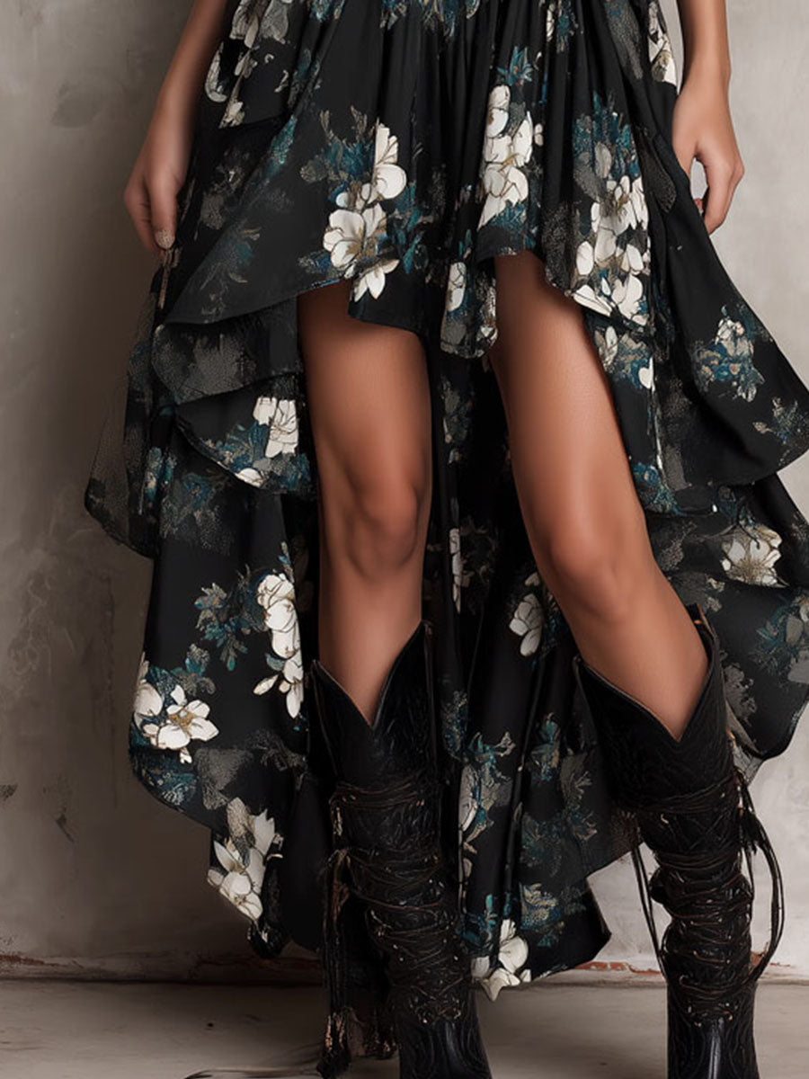 Meza | Floral V-Neck High-Low Midi Dress