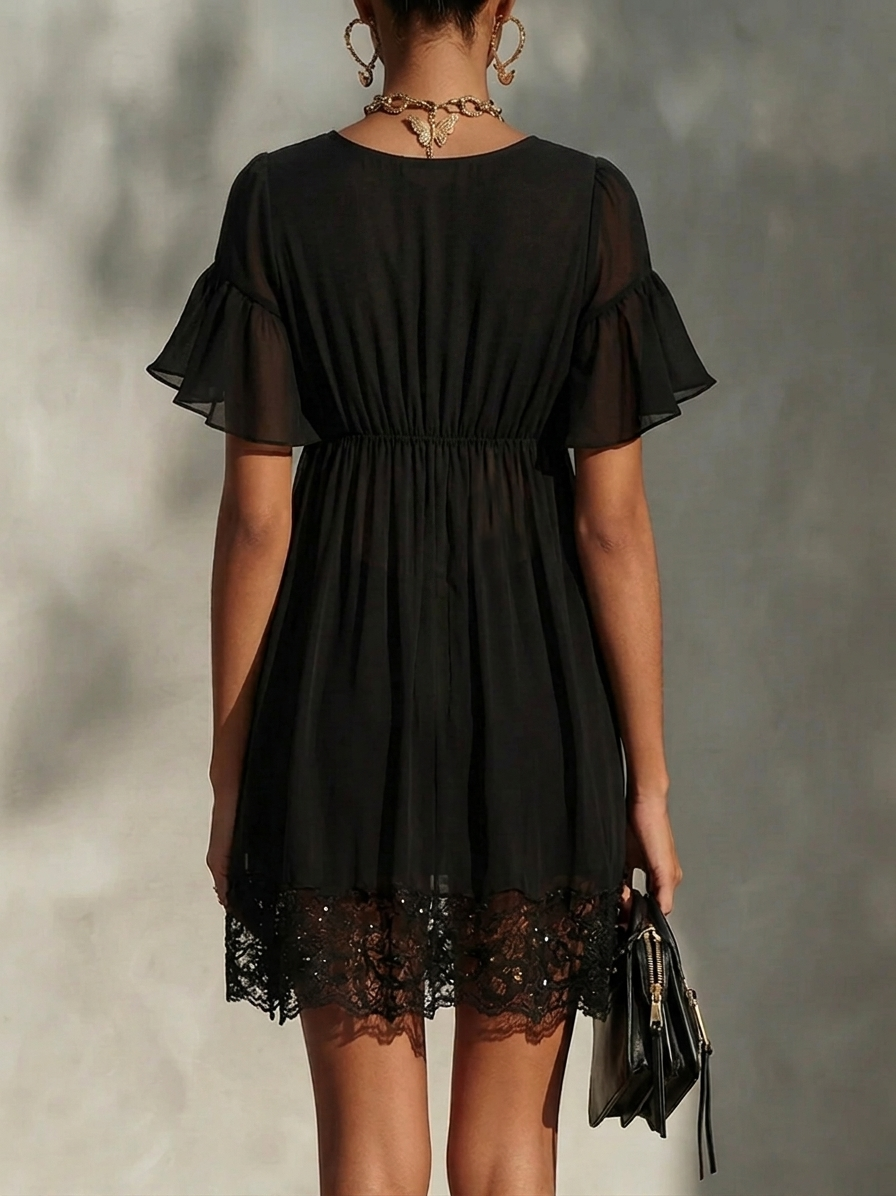 Sanya | Black V-Neck Mini Dress With Lace Trim