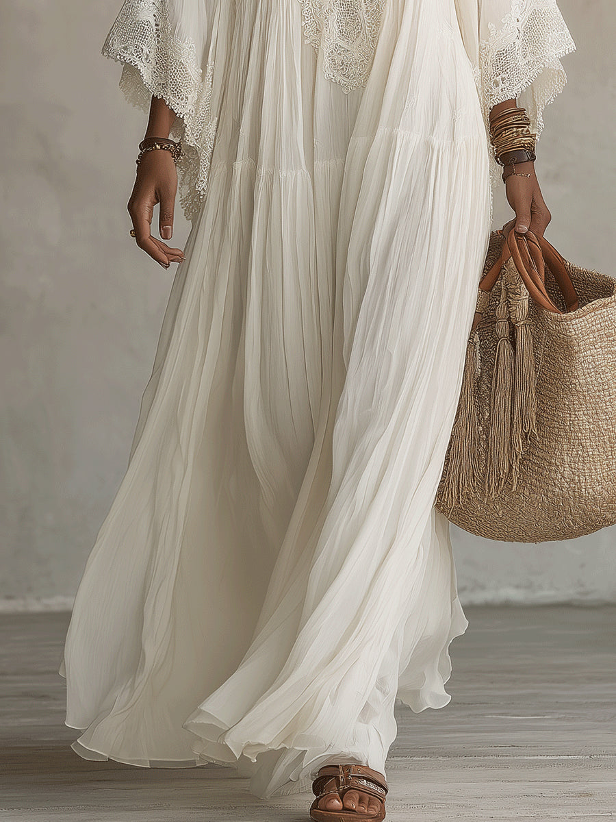 Shimmila | Maxi Dress White Lace V-Neck Loose