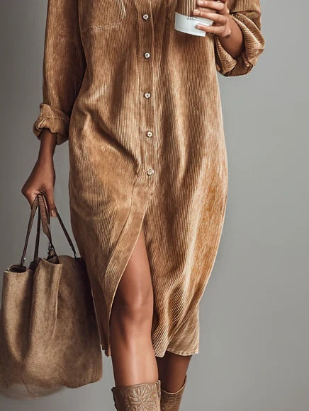 Zilke - Corduroy Style Button Front Shirt Dress