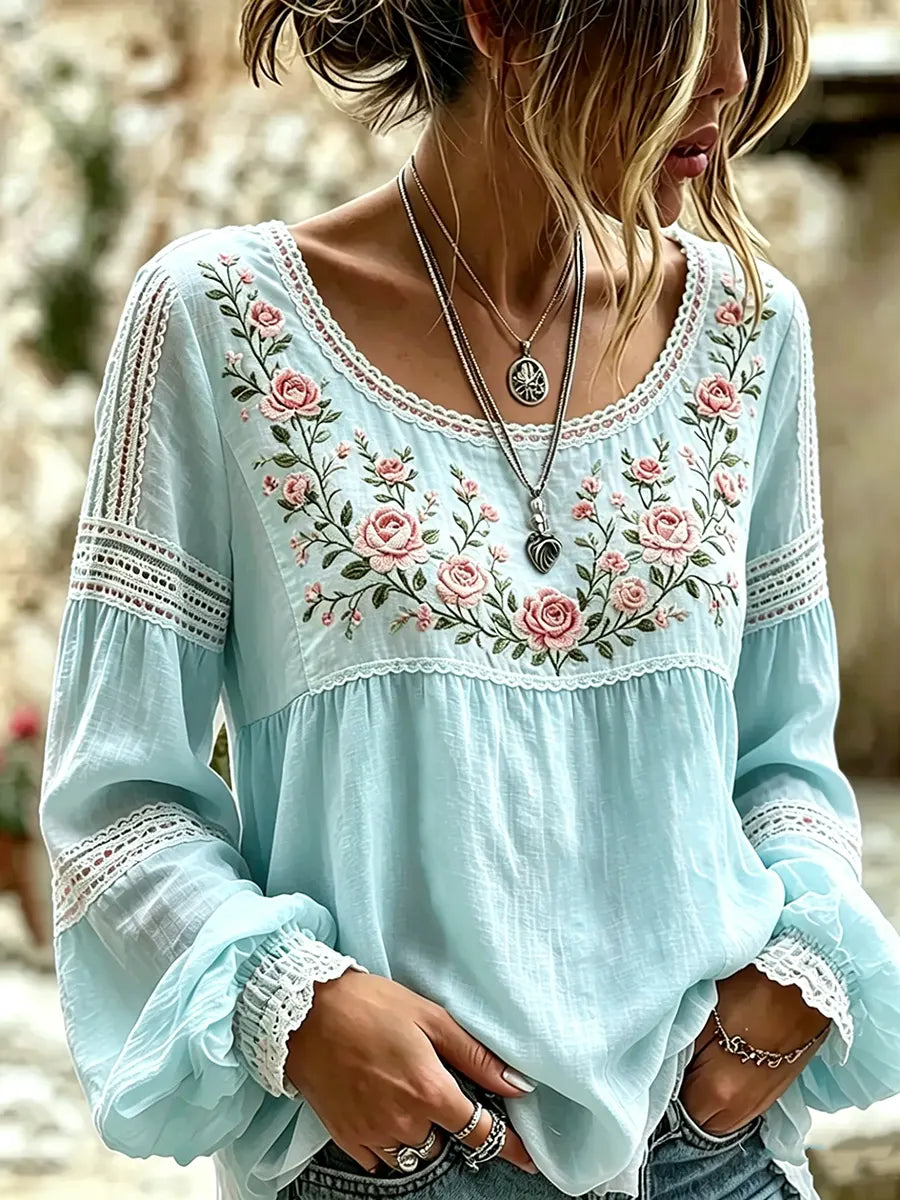 Esraa | Floral Embroidered Long Sleeve Blouse
