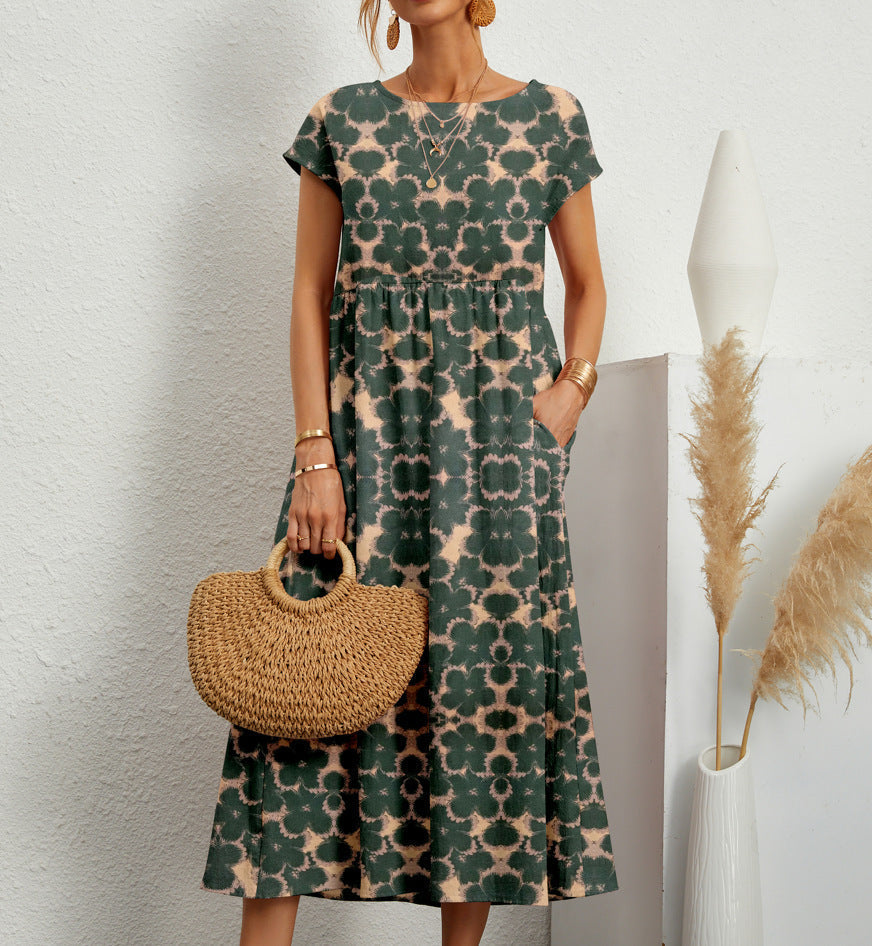 Lovelyn - Floral Print Short Sleeve Midi Dress