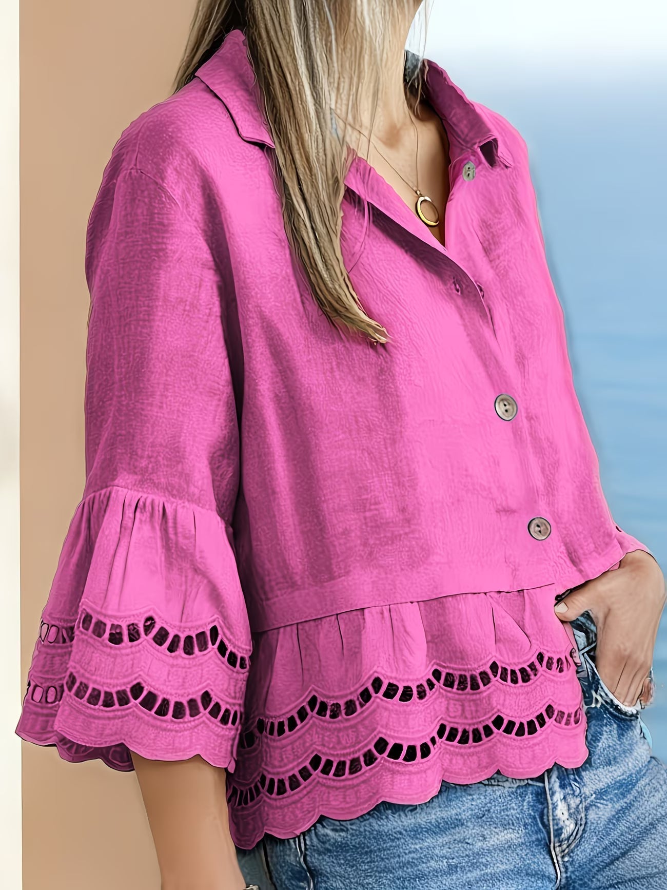 Solenn | Long Sleeve Ruffle Hem Button Blouse
