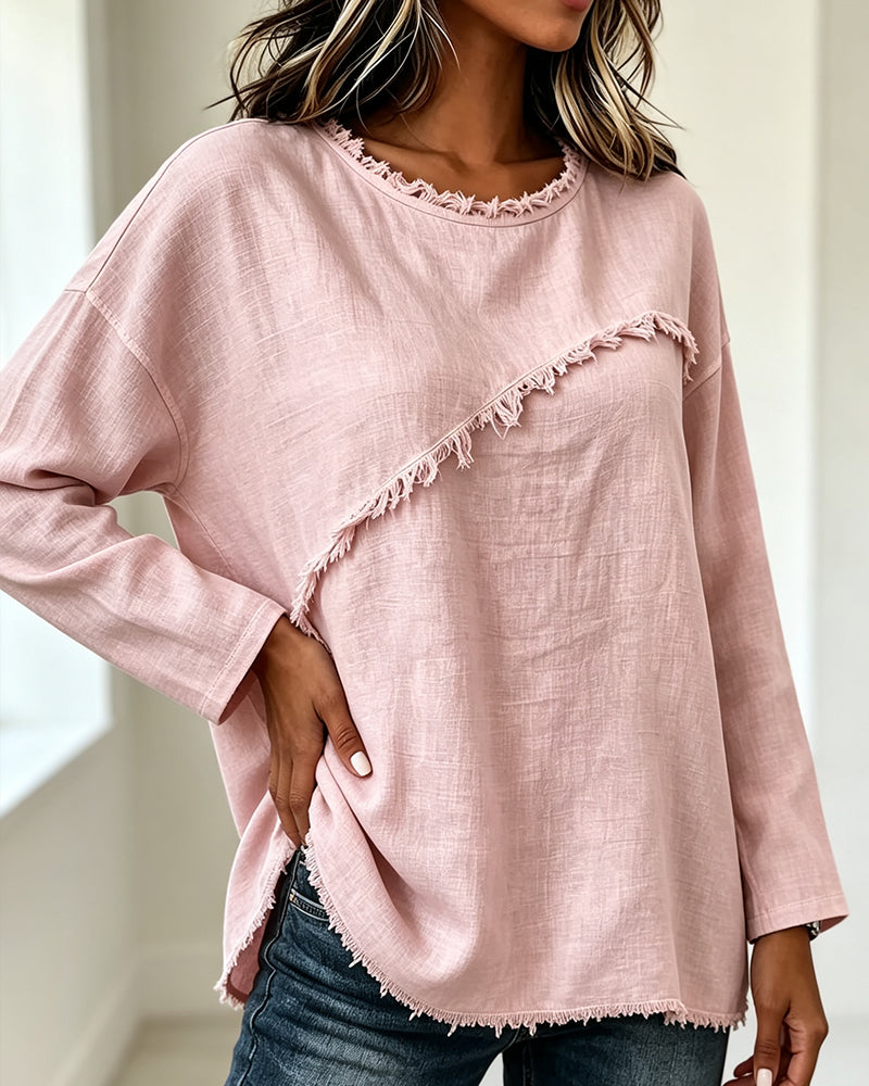 Myrtle | Blouse with Round Neck and Frayed Trim