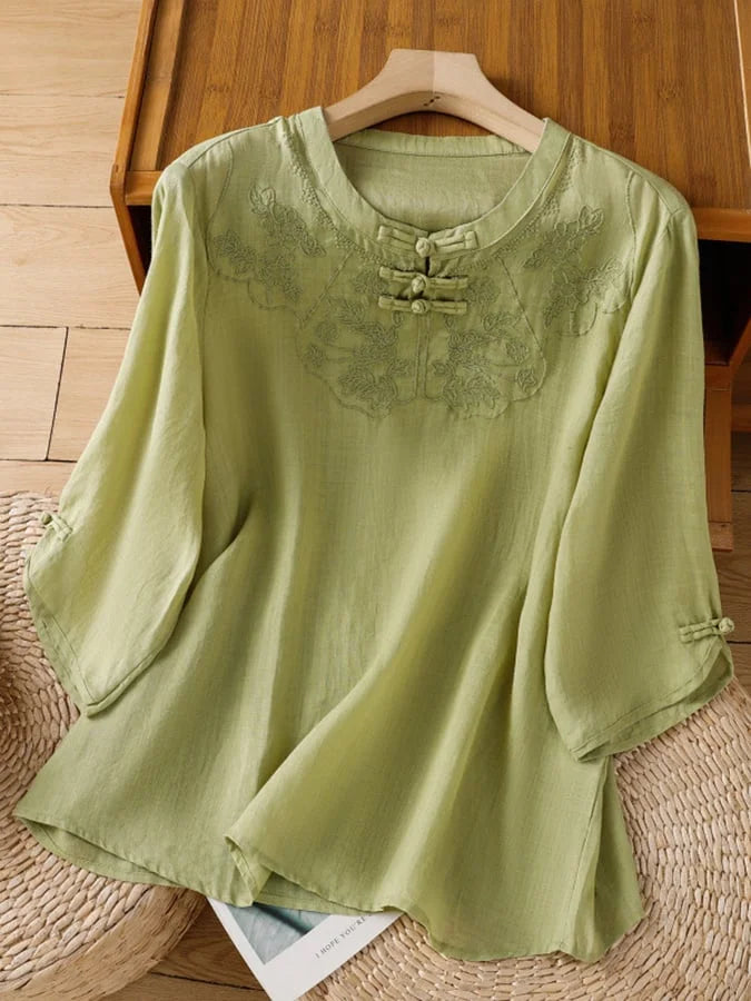 Nozilia - Floral Embroidered Half Sleeve Blouse