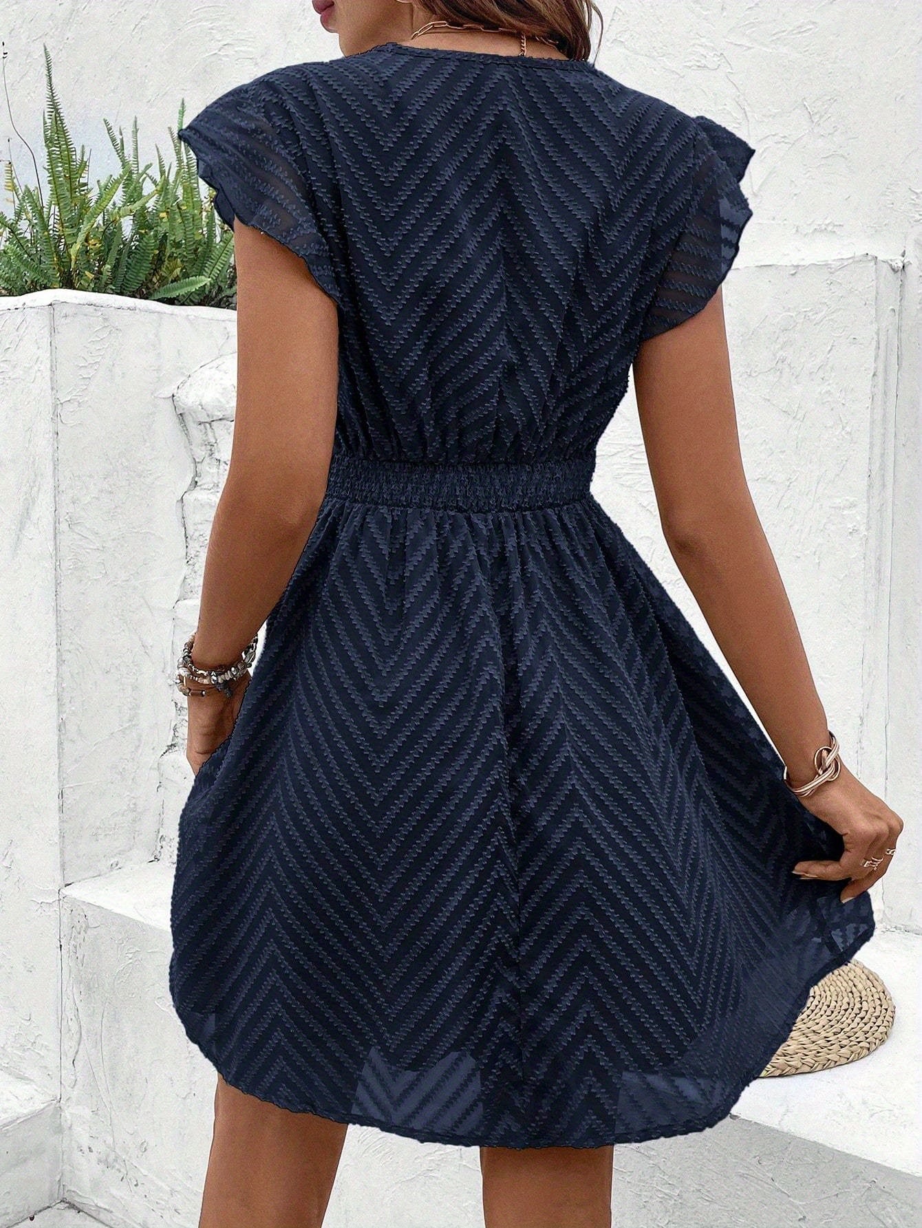 Shirley | Flutter Sleeve V-Neck Chevron Mini Dress