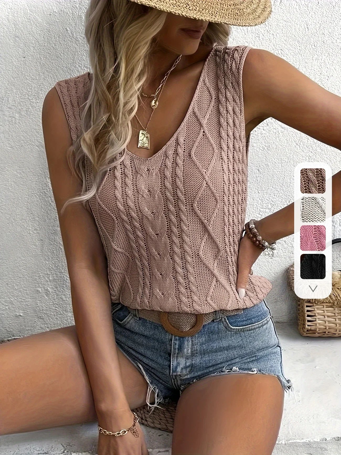 Juno | Sleeveless Cable Knit V-Neck Sweater Top