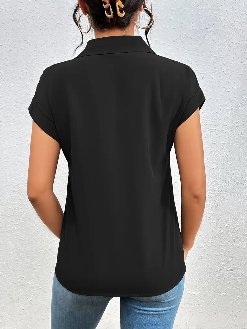 Alfano | Zip Front Collared Short Sleeve Blouse