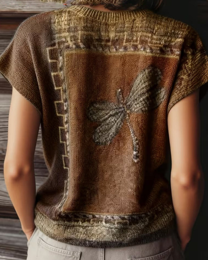 Dyniza - Dragonfly Print Short Sleeve Knit Sweater