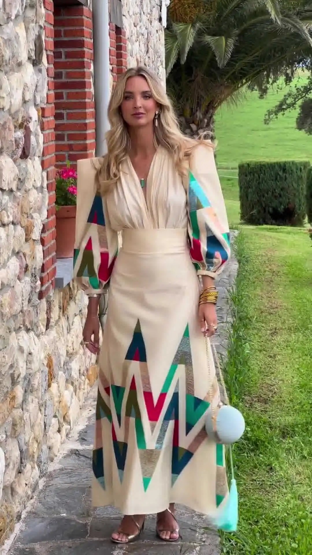 Eleni | Maxi Dress Geometric Print Puff Sleeves