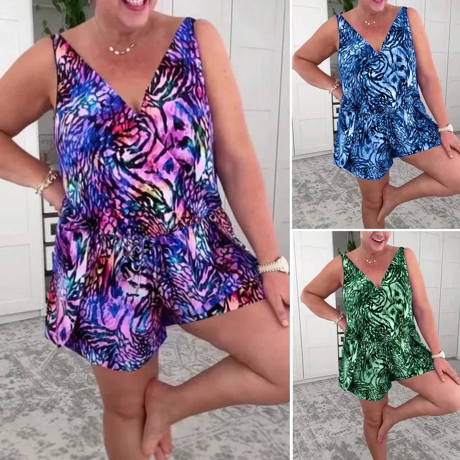 Evdoxia | Sleeveless V-Neck Printed Swim Romper