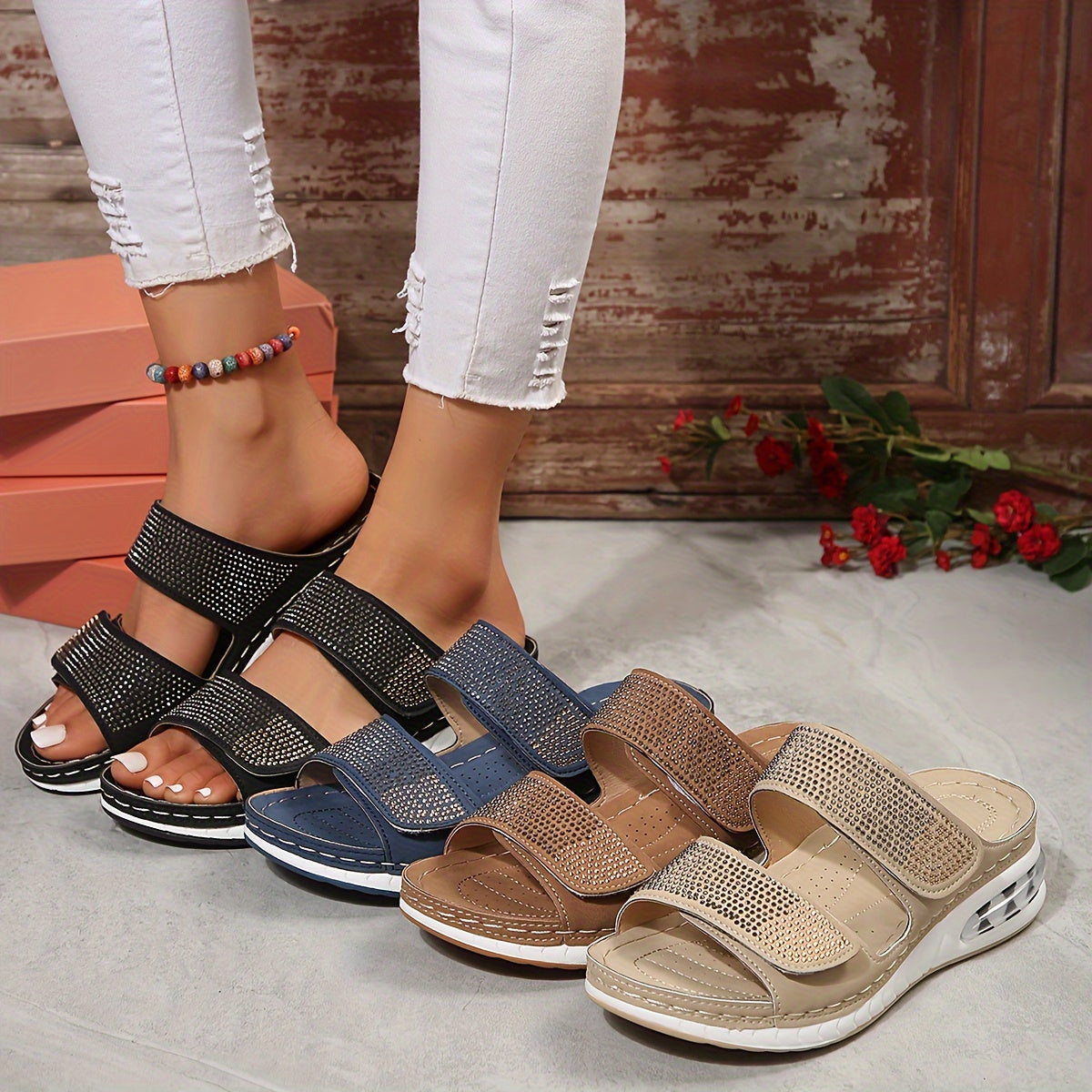 Carole | Double Strap Rhinestone Wedge Slide Sandals