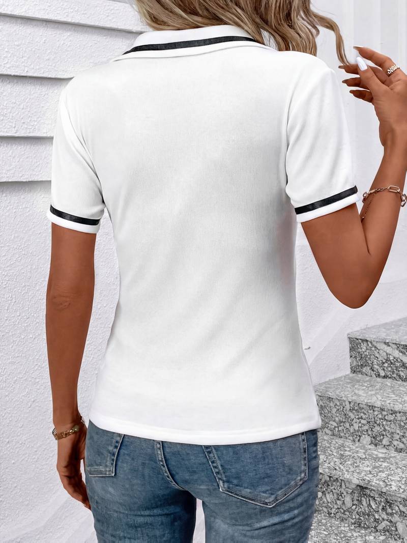 Nelia | Ribbed Short Sleeve Zip Polo Top