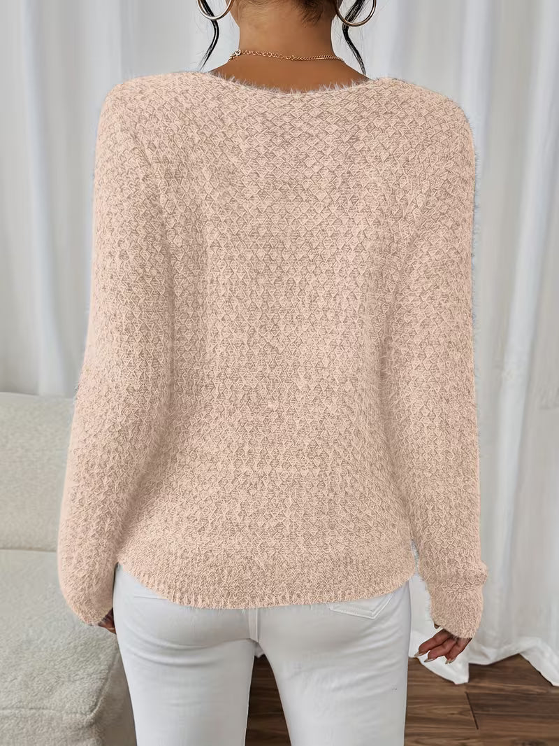 Aderah | Textured V-Neck Long Sleeve Knit Sweater