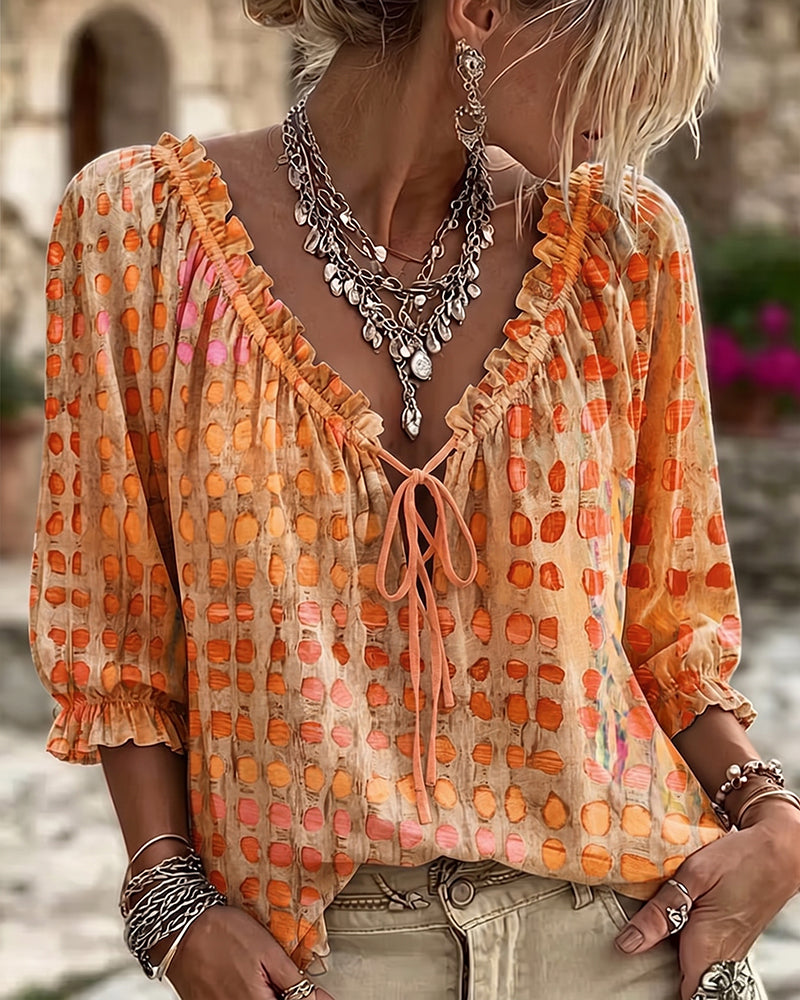 Kesney | Printed Tie Neck Peasant Blouse