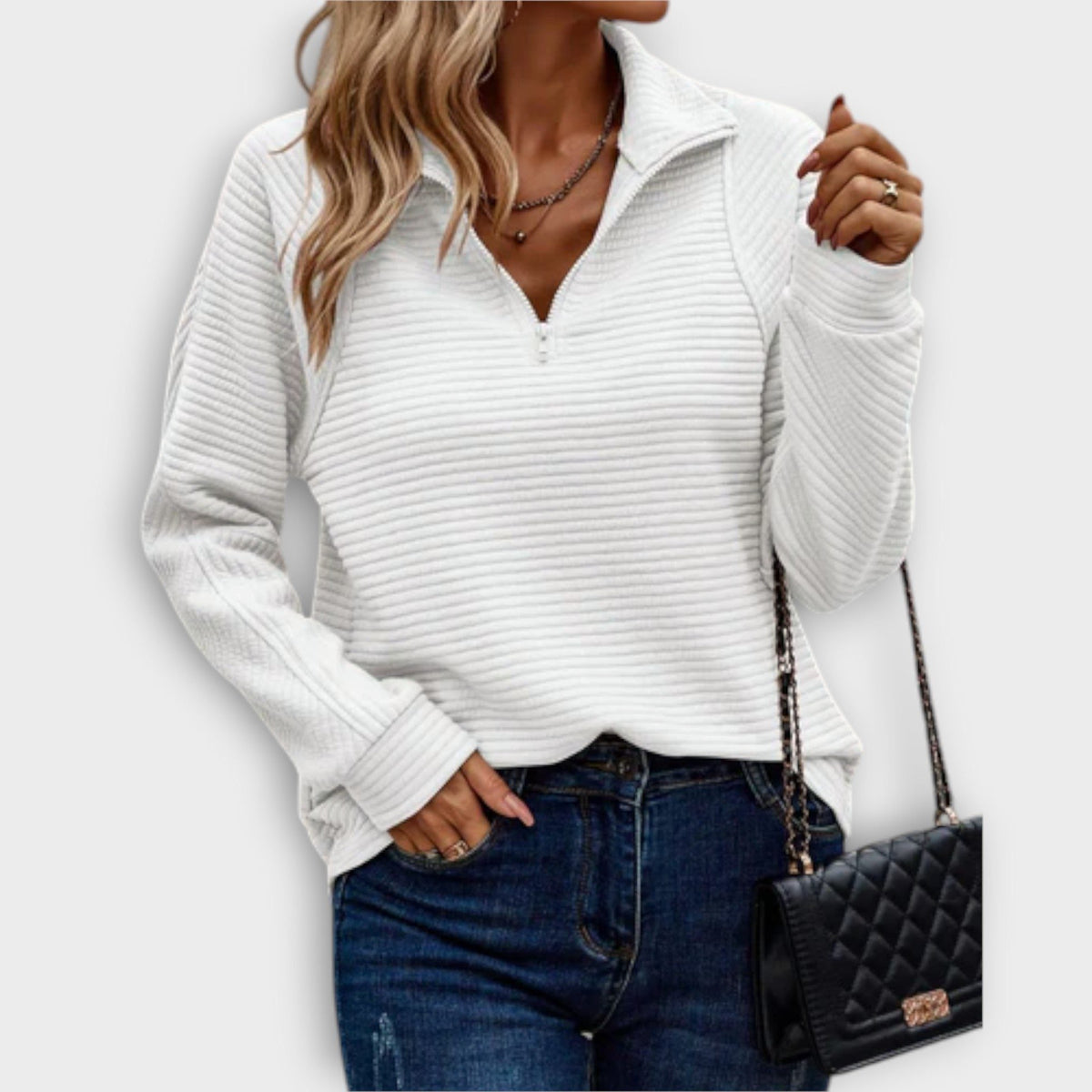 Emilavira | Ribbed V-Neck Sweater with Half Zip