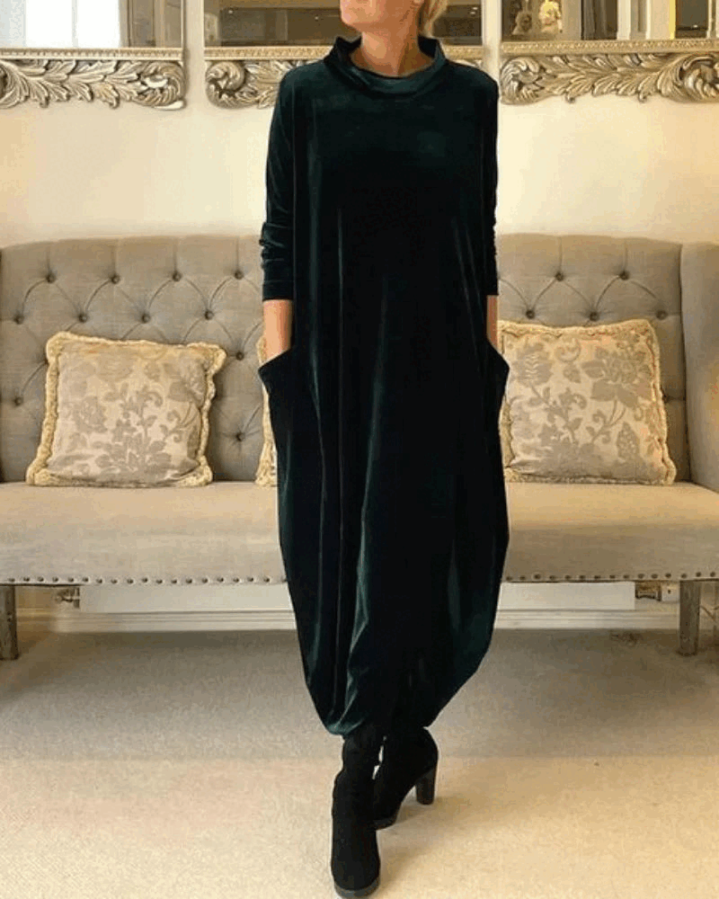 Layeena | Velvet Long Sleeve Pocket Midi Dress