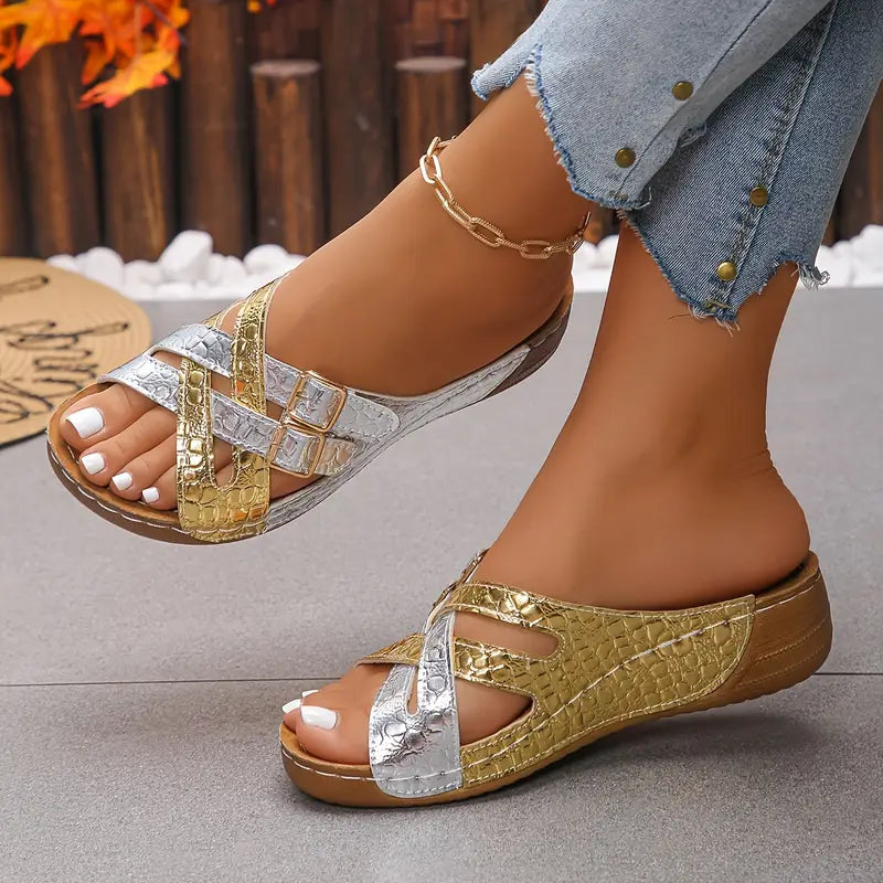 Deniza | Buckle Strap Slip-On Wedge Sandals