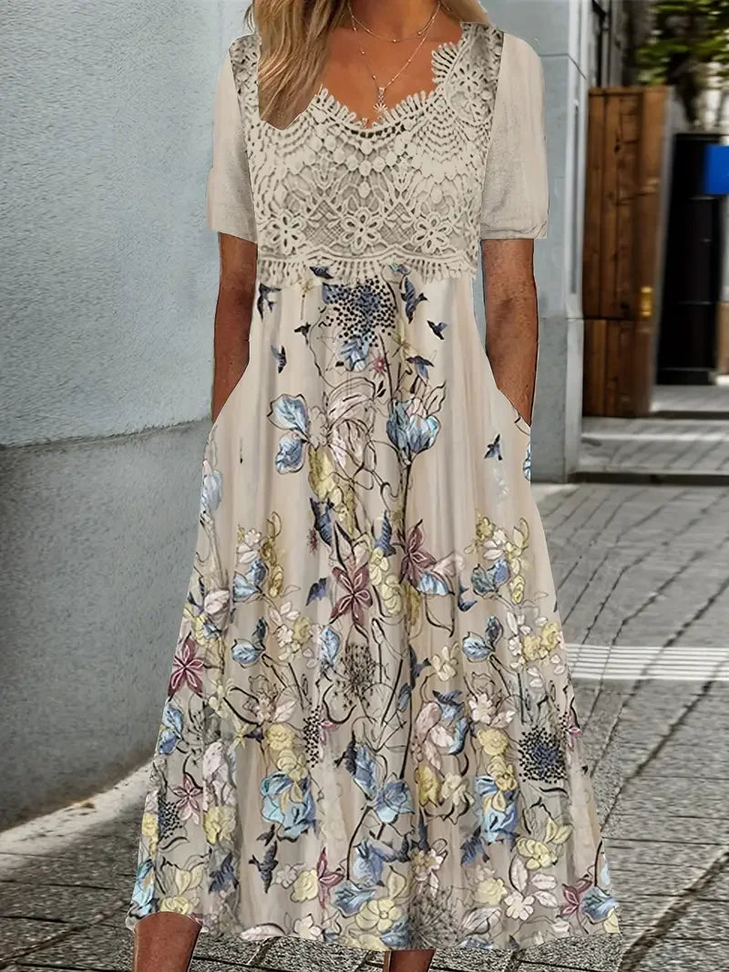 Renata | Floral Print Lace Patchwork Midi Dress