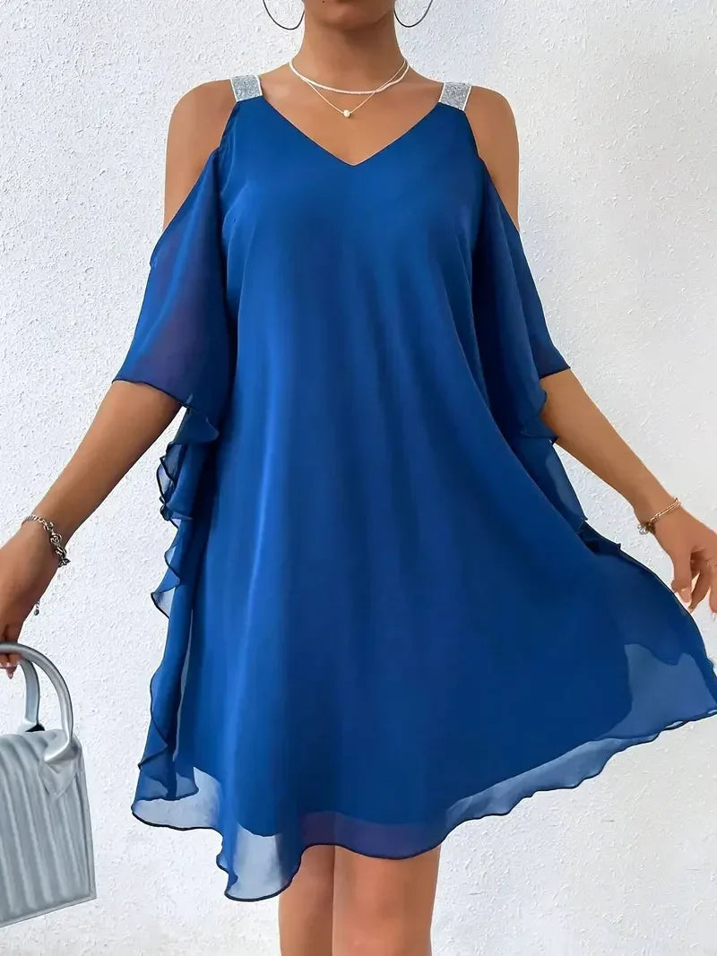 Lilliana | Cold Shoulder V Neck Chiffon Maxi Dress