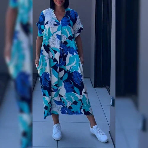 Bastiana | Printed V-Neck Short Sleeve Maxi Dress