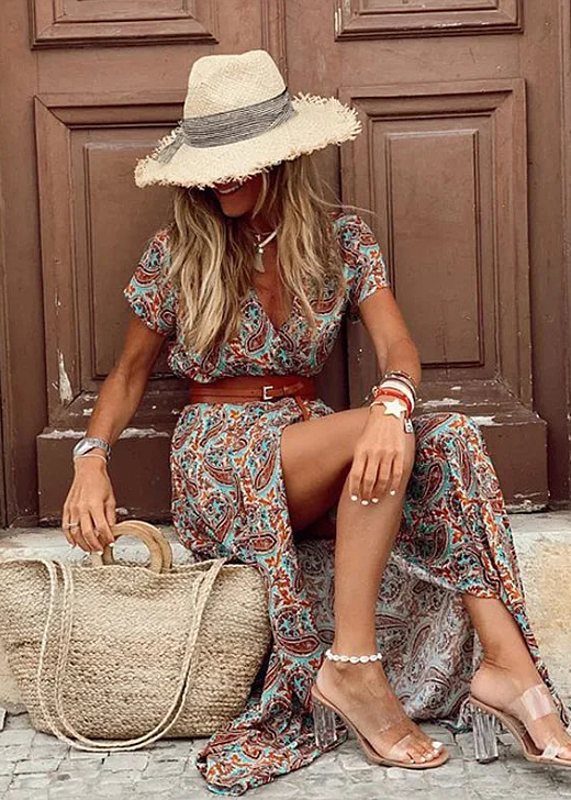 Briony | Floral V-Neck Short Sleeve Maxi Dress