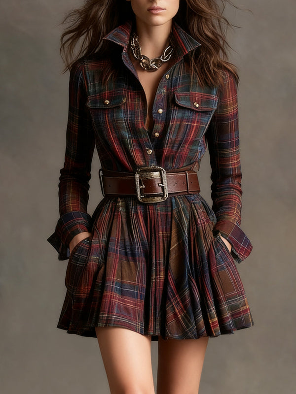 Keshet | Plaid Long Sleeve Mini Shirt Dress