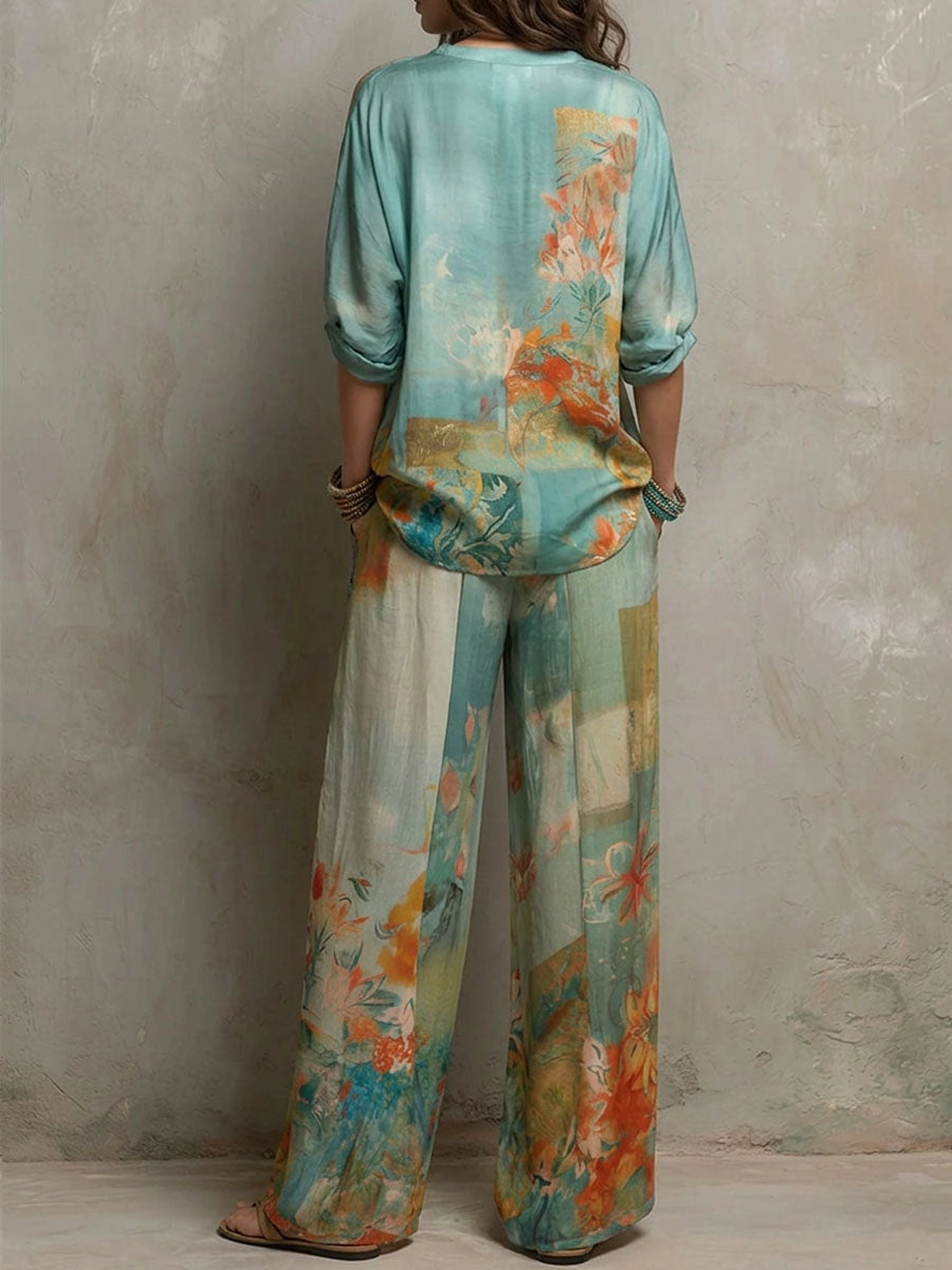 Chiaran | Floral Print V-Neck Two Piece Set