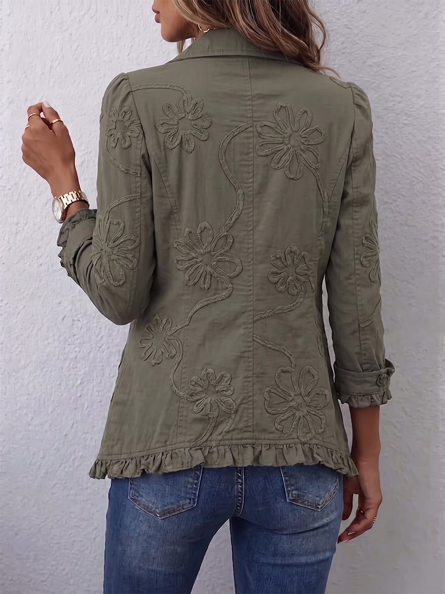 Loviita | Floral Embroidered Button-Front Ruffle Hem Jacket