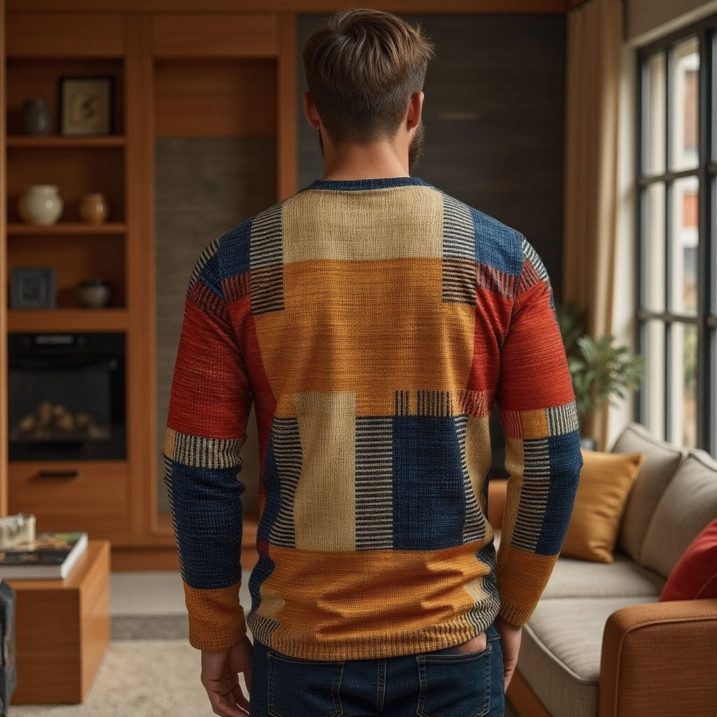 Cyprian | Long Sleeve Patchwork Henley T-Shirt