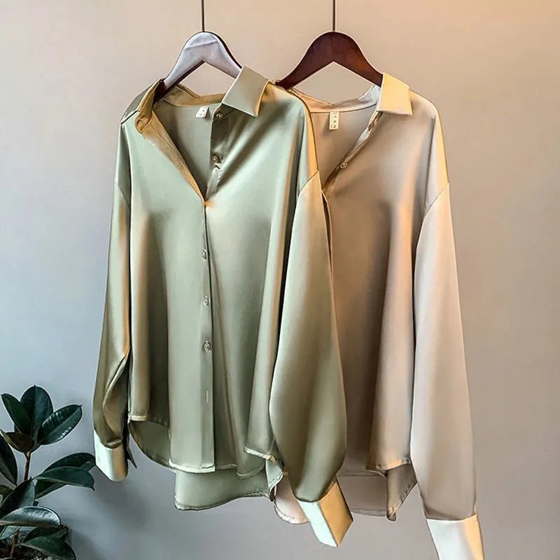 Adelinde | Satin Style Button Front Long Sleeve Shirt
