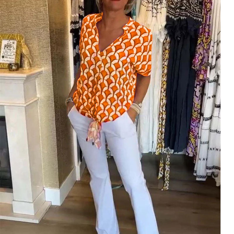 Naskia | Blouse Geometric Print Tie Front Short Sleeve
